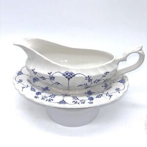 Myott FINLANDIA‎ Gravy Boat & Under Plate Staffordshire England 1982 Blue White